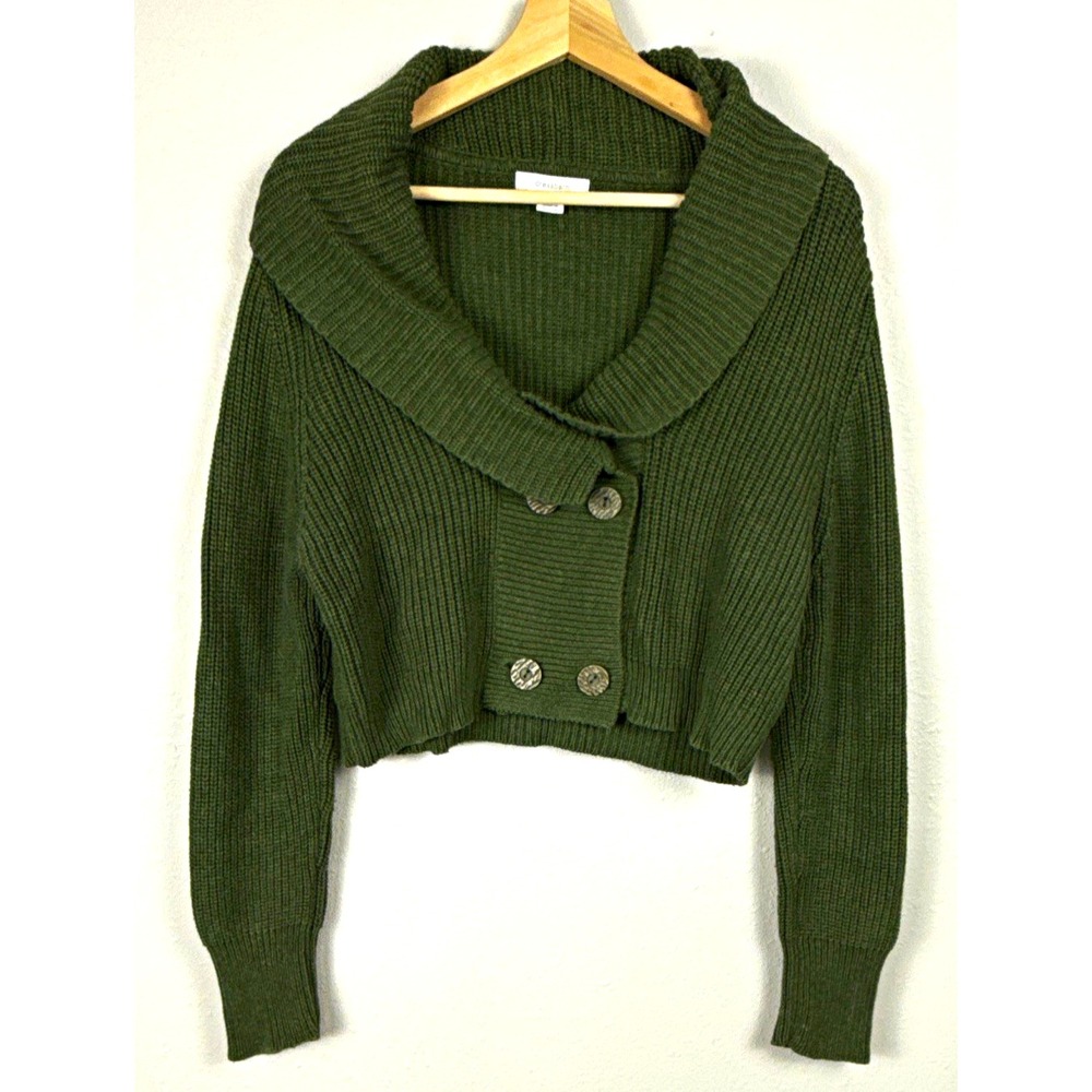 Dressbarn Womens L Olive Green Cropped Cardigan Shawl Collar Chunky Knit Preppy